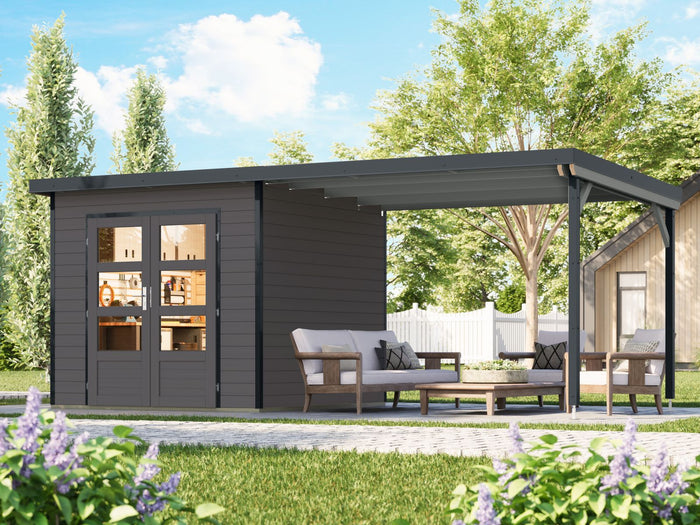 Karibu Hybrid Gartenhaus Pluto 3 B, terragrau/anthrazit, 28 mm, inkl. Anbaudach ca. 3m