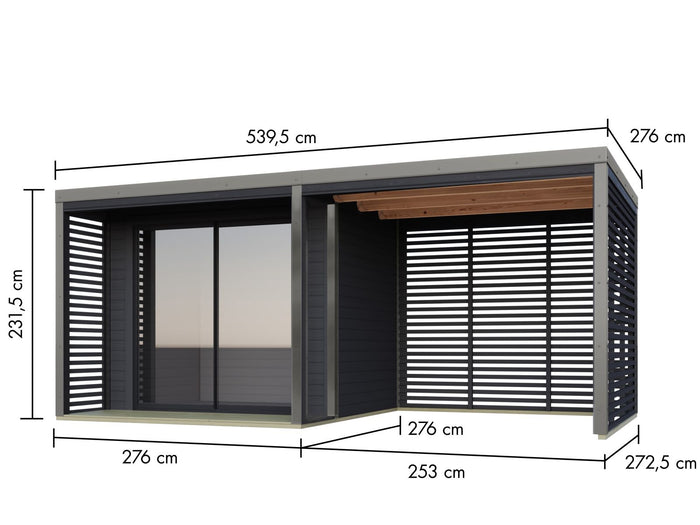 Karibu Hybrid Gartenhaus Saturn B, anthrazit/graualuminium, 38 mm, inkl. Fußboden und Anbaudach 3m