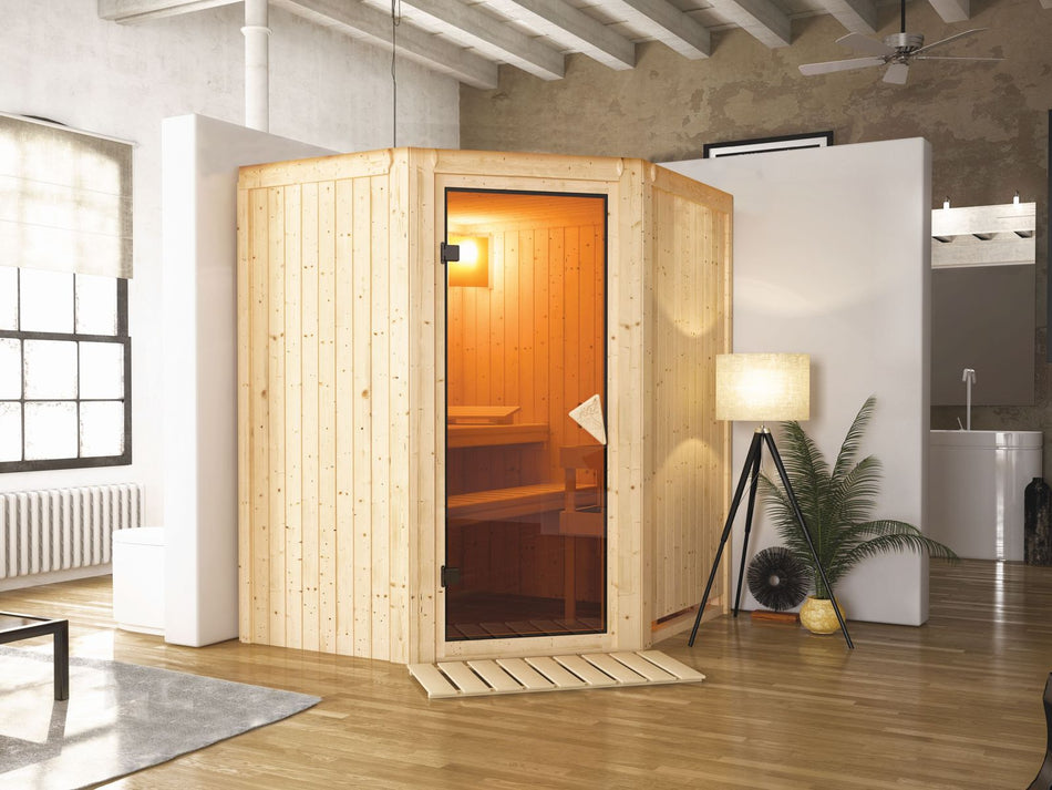 Karibu Sauna Taurin inkl. 9 kW Ofen ext. Steuerung, mit bronzierter Gnazglastür  - ohne Dachkranz -