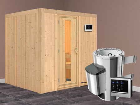 Daria - Karibu Sauna Plug & Play 3,6 kW Ofen, ext. Steuerung - ohne Dachkranz - Energiespartür
