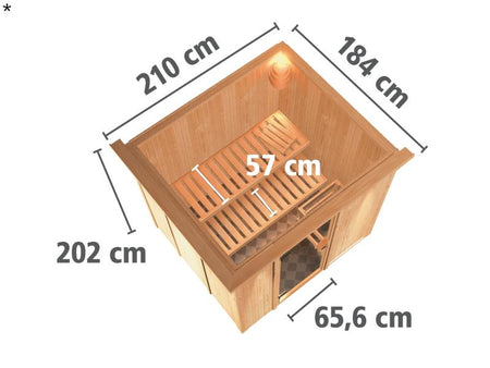 Daria - Karibu Sauna Plug & Play 3,6 kW Ofen, ext. Steuerung - mit Dachkranz - Klarglas Ganzglastür