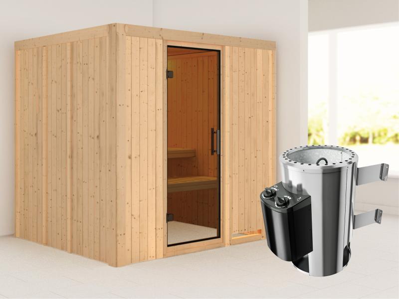 Daria - Karibu Sauna Plug & Play 3,6 kW Ofen, int. Steuerung - ohne Dachkranz - Moderne Saunatür