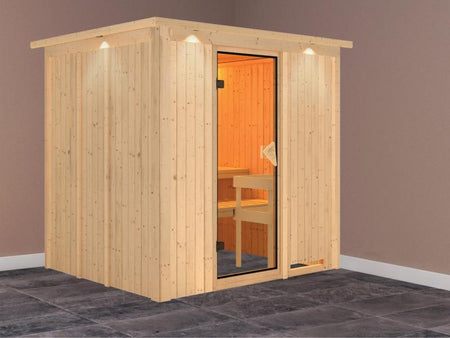 Daria - Karibu Sauna Plug & Play ohne Ofen - mit Dachkranz -