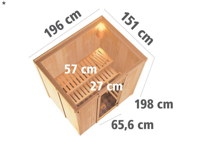 Fanja - Karibu Sauna Plug & Play 3,6 kW Bio Ofen, ext. Steuerung - ohne Dachkranz - Moderne Saunatür
