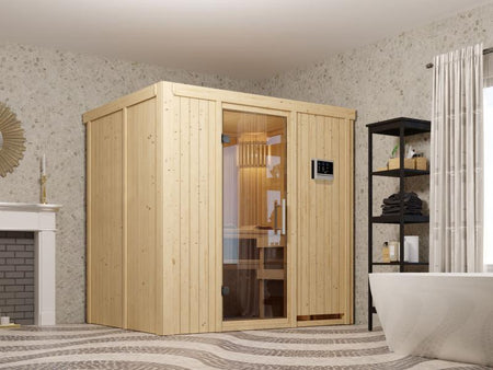 Fanja - Karibu Sauna Plug & Play 3,6 kW Ofen, ext. Steuerung - ohne Dachkranz - Klarglas Ganzglastür