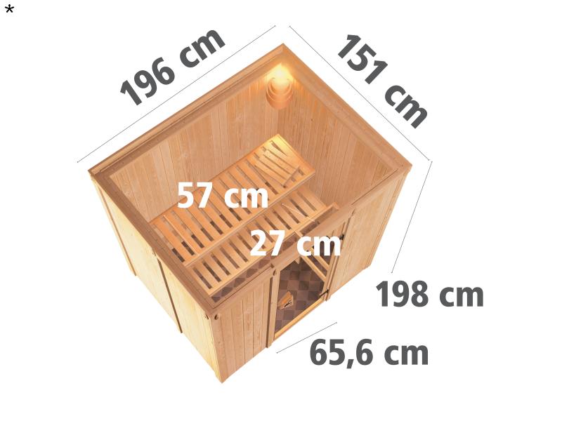 Fanja - Karibu Sauna Plug & Play 3,6 kW Ofen, int. Steuerung - ohne Dachkranz - Moderne Saunatür