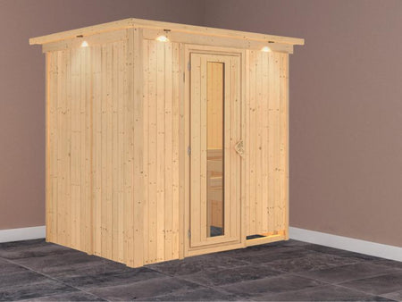 Fanja - Karibu Sauna Plug & Play ohne Ofen - mit Dachkranz - Energiespartür