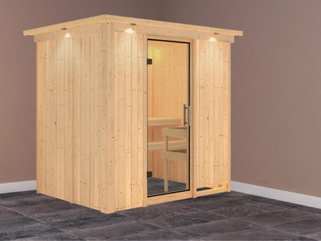 Fanja - Karibu Sauna Plug & Play ohne Ofen - mit Dachkranz - Klarglas Ganzglastür