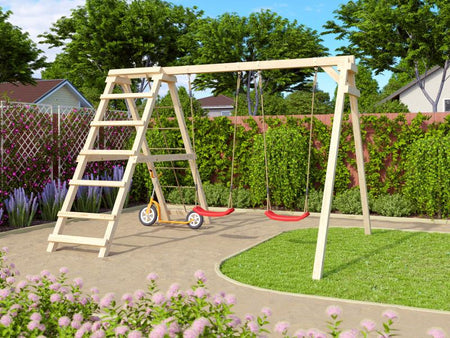 Karibu Doppelschaukel Felix mit Klettergerüst und Netzrampe