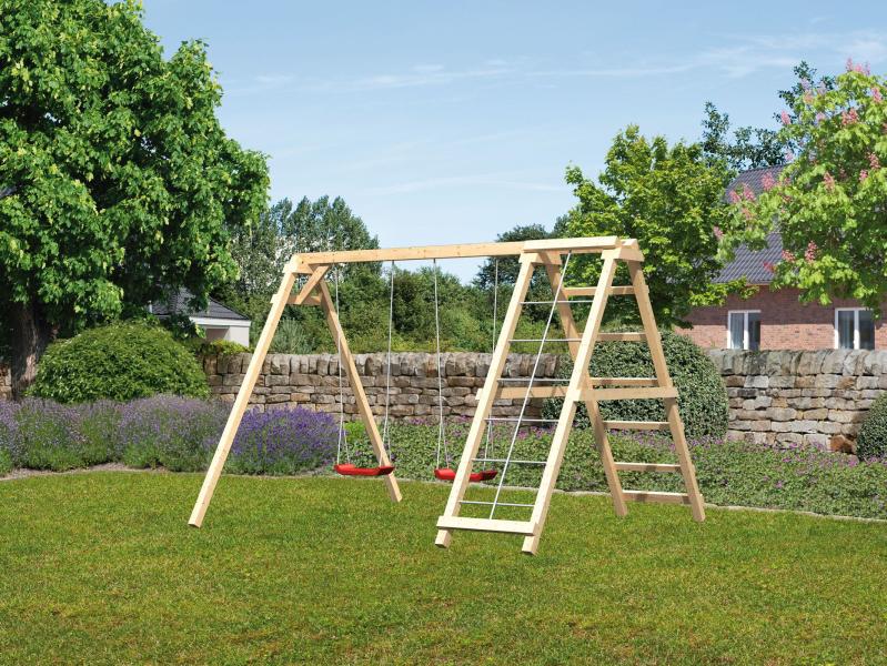 Karibu Doppelschaukel Felix mit Klettergerüst und Netzrampe