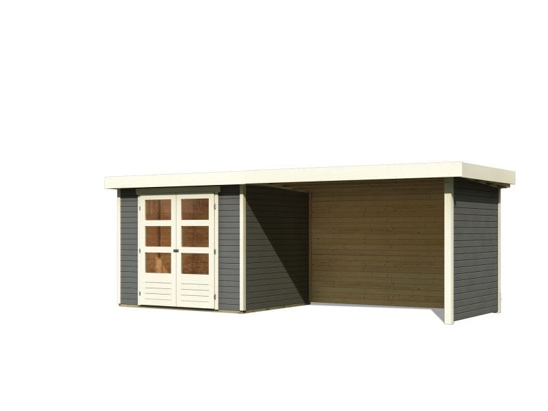 Karibu Gartenhaus Askola 3 in terragrau mit Anbaudach 2,80 Meter, Seiten- und Rückwand