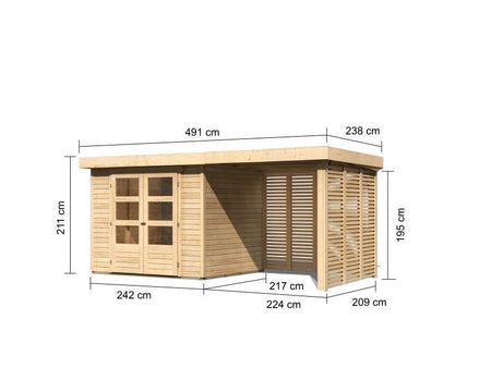 Karibu Gartenhaus Askola 3 mit Anbaudach 2,4 m mit Lamellenwänden