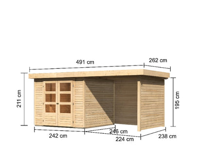 Karibu Gartenhaus Askola 3,5 mit Anbaudach 2,25 Meter, Seiten- und Rückwand