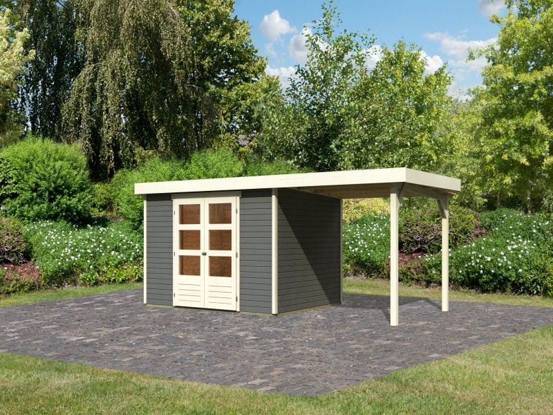 Karibu Gartenhaus Askola 5 mit Anbaudach 2,40 Meter terragrau