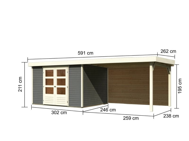 Karibu Gartenhaus Askola 5 mit Anbaudach 2,8 m, Rückwand in terragrau
