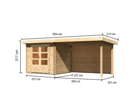 Karibu Gartenhaus Bastrup 2 mit Anbaudach 3 Meter inkl. Rückwand natur
