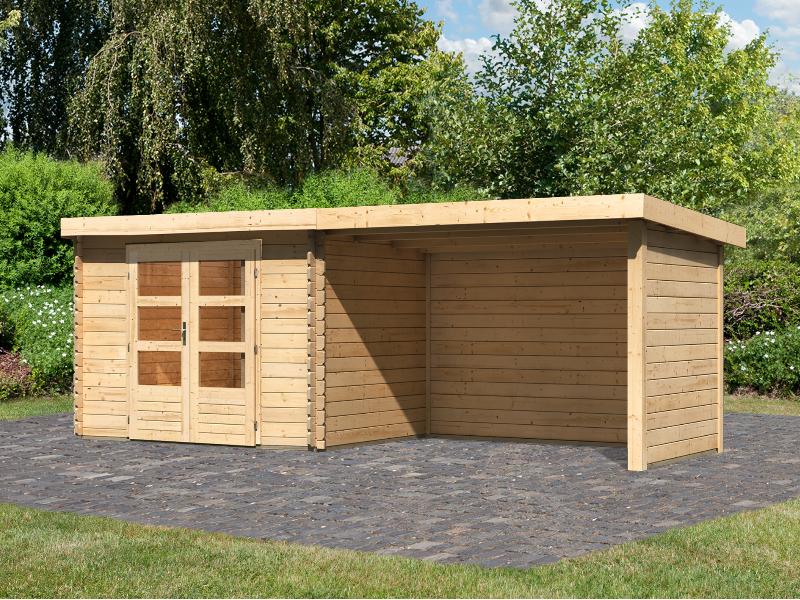 Karibu Gartenhaus Bastrup 3 mit Anbaudach 3 Meter inkl. Rück-und Seitenwand