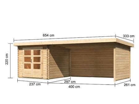 Karibu Gartenhaus Bastrup 4 mit Anbaudach 4 Meter inkl. Rück- und Seitenwand