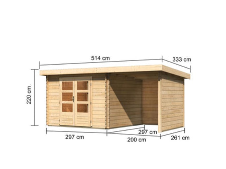 Karibu Gartenhaus Bastrup 5 mit Anbaudach 2 Meter sowie Seiten- und Rückwand natur