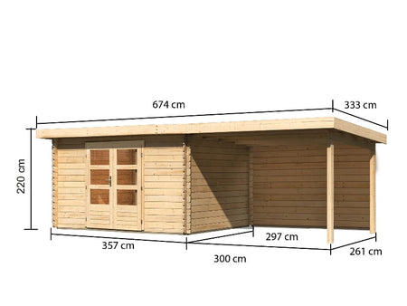 Karibu Gartenhaus Bastrup 7 mit Anbaudach 3 Meter inkl. Rückwand natur