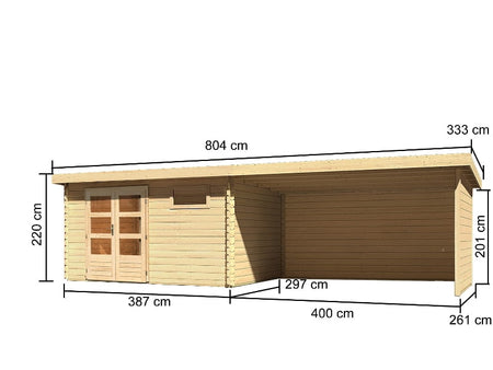 Karibu Gartenhaus Bastrup 8 mit Anbaudach 4 Meter inkl. Rück- und Seitenwand