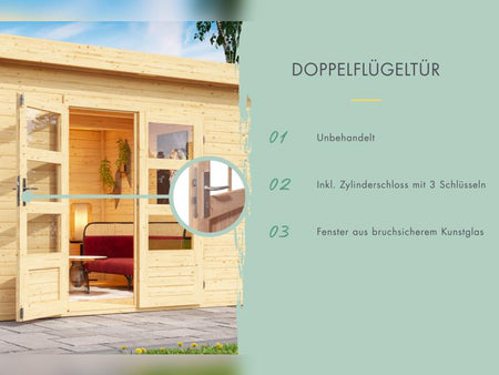Karibu Gartenhaus Kandern 2 natur mit Anbaudach 2,35 m inkl. Rückwand