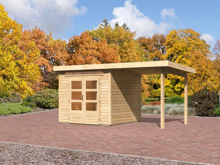 Karibu Gartenhaus Kandern 3 natur mit Anbaudach 2,35 m inkl. Rückwand
