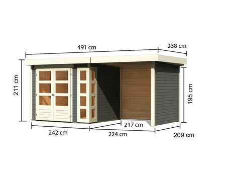 Karibu Gartenhaus Kerko 3 in terragrau mit 2,40 m Anbaudach und Rück-und Seitenwänden