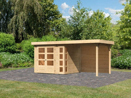 Karibu Gartenhaus Kerko 3 natur mit 2,40 m Anbaudach, Rückwand
