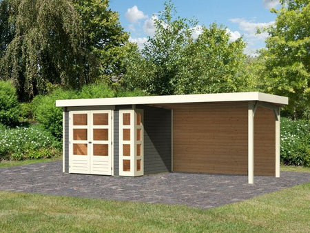 Karibu Gartenhaus Kerko 3 terragrau mit Anbaudach 2,80 m inkl. Rückwand