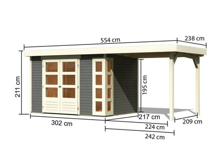 Karibu Gartenhaus Kerko 4 in terragrau mit Anbaudach 2,40 m