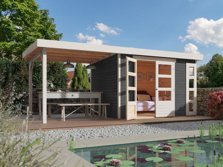 Karibu Gartenhaus Kerko 4 in terragrau mit Anbaudach 2,80 m