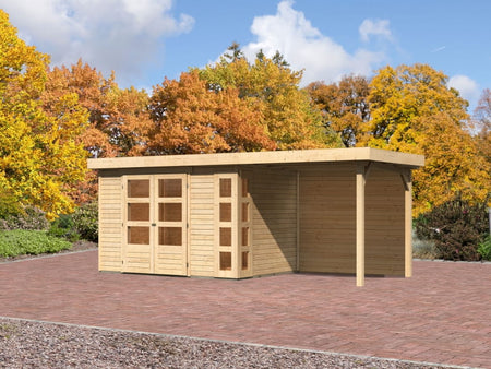 Karibu Gartenhaus Kerko 4 natur mit Anbaudach 2,40 m, Rückwand