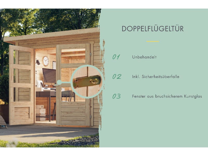Karibu Gartenhaus Kerko 4 natur mit Anbaudach 2,80 m inkl. Rückwand
