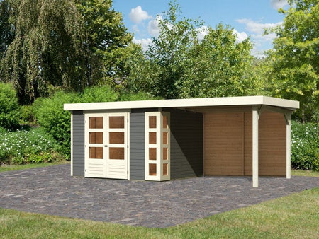 Karibu Gartenhaus Kerko 5 terragrau mit Anbaudach 2,80 m inkl. Rückwand