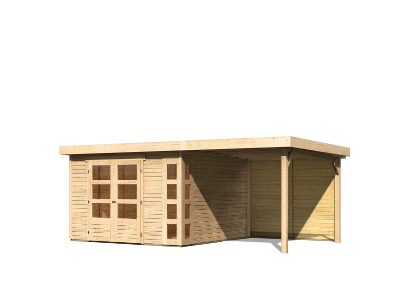 Karibu Gartenhaus Kerko 6 natur mit 2,40 m Anbaudach inkl. Rückwand