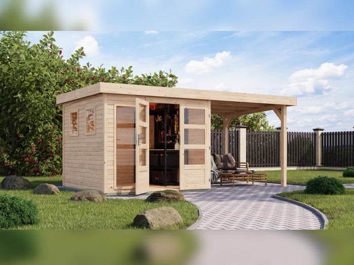 Karibu Gartenhaus Lahar 3,5, natur, inkl. Anbaudach 2,40 m Breite