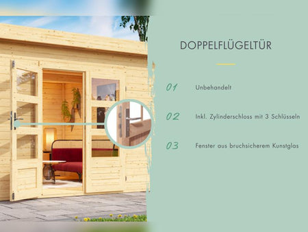 Karibu Gartenhaus Lahar 3,5, natur, inkl. Anbaudach 2,40 m Breite
