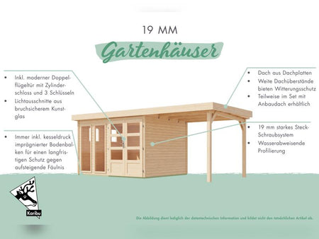 Karibu Gartenhaus Lahar 3,5, natur, inkl. Anbaudach 2,40 m Breite