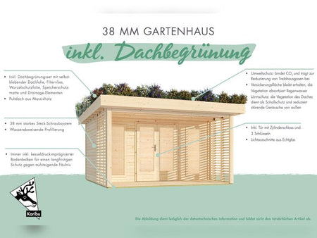 Karibu Gartenhaus Lily, natur, inkl. selbstklebende Dachbahn, Vlies, Wurzelschutzfolie (für Dachbegr