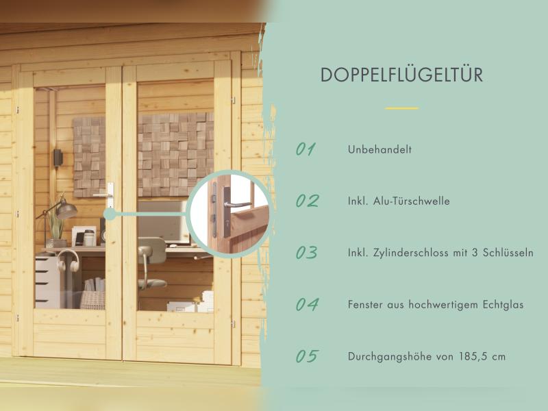 Karibu Gartenhaus Lotus, natur, inkl. selbstklebende Dachbahn, Vlies, Wurzelschutzfolie (für Dachbeg