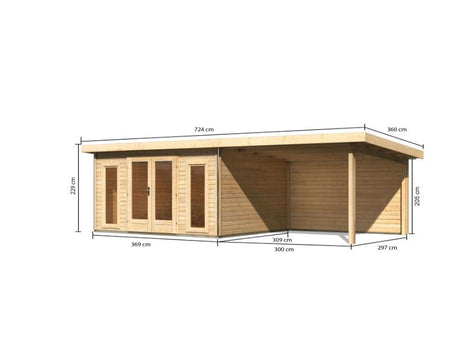 Karibu Gartenhaus Radeburg 2 natur 38 mm mit Anbaudach 3,3 m und Rückwand