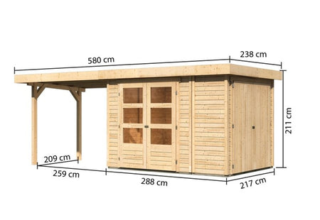 Karibu Gartenhaus Retola 2 natur mit Anbauschrank und 2,80 Meter Anbaudach