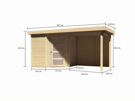Karibu Gartenhaus Schwandorf 3 natur mit Anbaudach 2,4 m, Rückwand