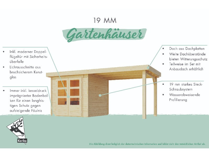 Karibu Gartenhaus Schwandorf 3 natur mit Anbaudach 2,40 Meter