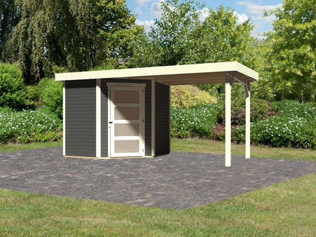 Karibu Gartenhaus Schwandorf 3 terragrau mit Anbaudach 2,25 Meter