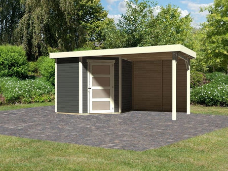 Karibu Gartenhaus Schwandorf 3 terragrau mit Anbaudach 2,4 m, Rückwand