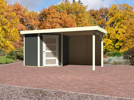 Karibu Gartenhaus Schwandorf 3 terragrau mit Anbaudach 2,4 m, Rückwand