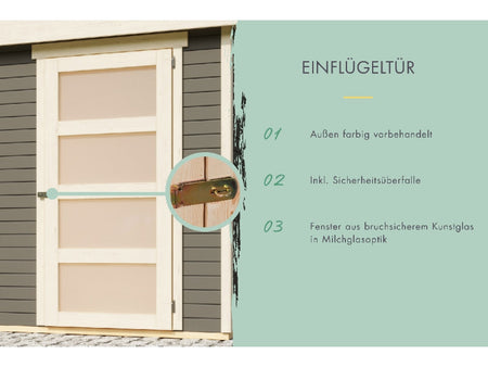 Karibu Gartenhaus Schwandorf 3 terragrau mit Anbaudach 2,4 m, Rückwand