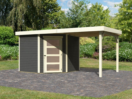 Karibu Gartenhaus Schwandorf 5 terragrau mit Anbaudach 2,25 Meter